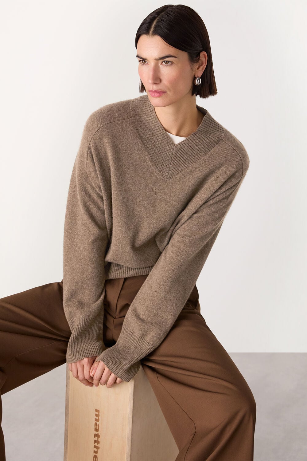Neutral Cashmere V Neck Sweater