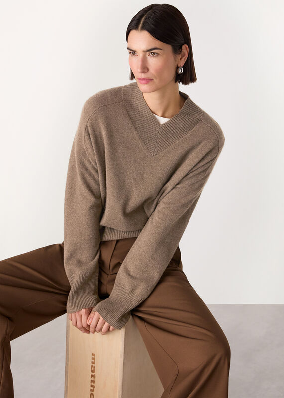 Neutral Cashmere V Neck Sweater