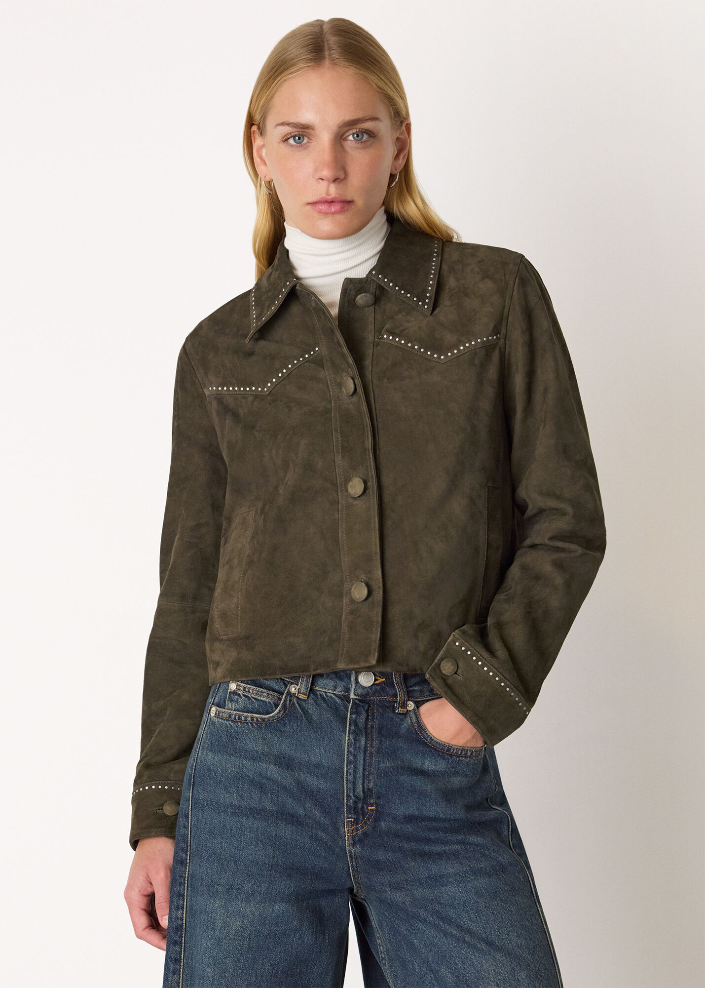 Olive Suede Leather Studded Jacket | WHISTLES | Whistles UK |