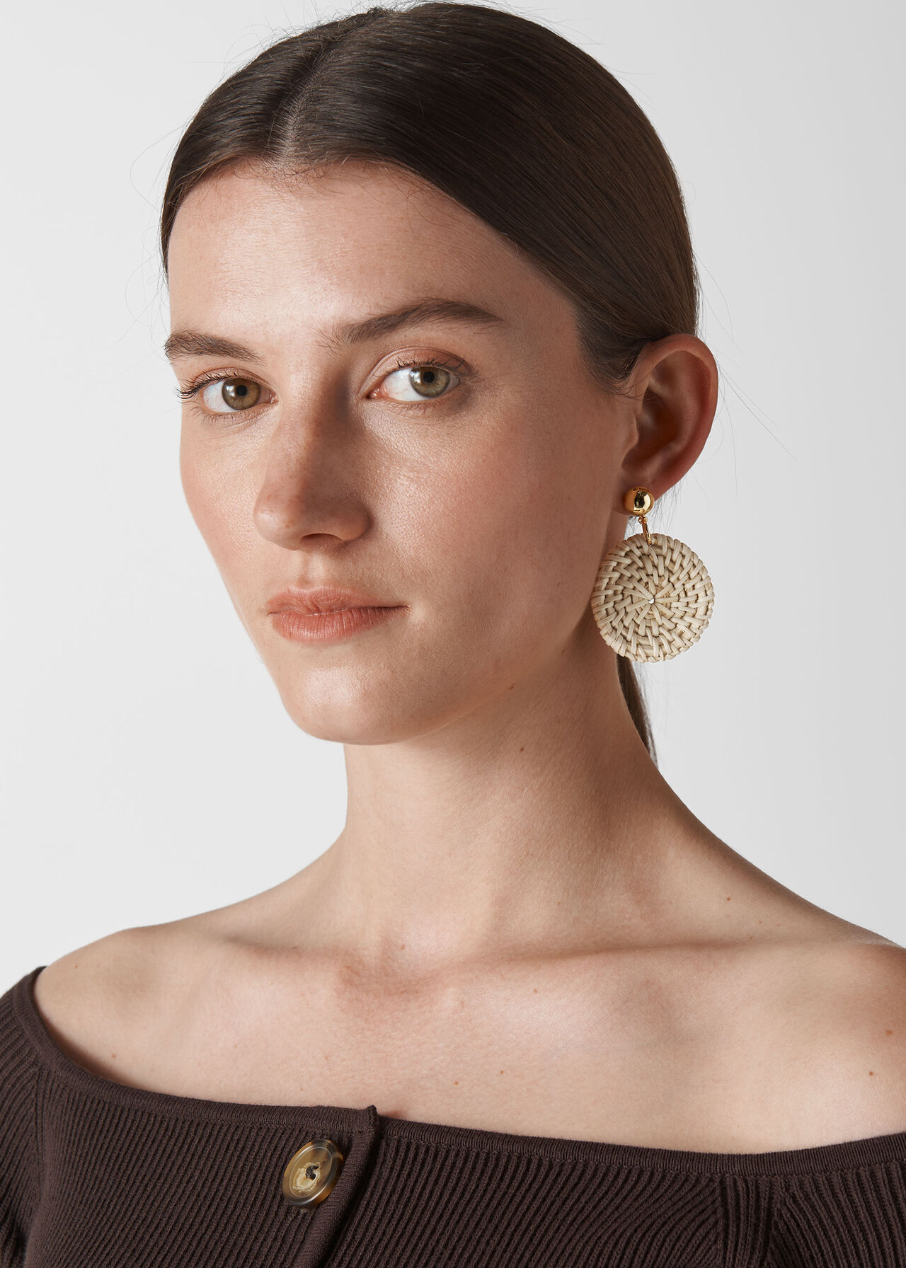 Straw Weave Circle Earring Beige