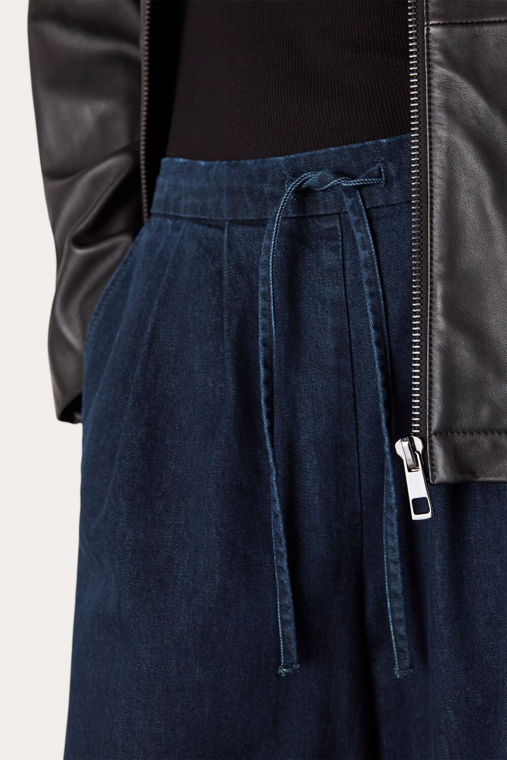 Dark Denim Cotton Wide Leg Pleat Trouser