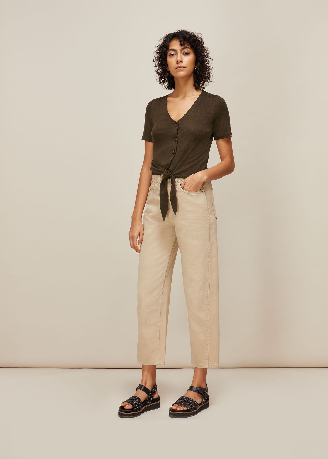 Linen Button Front Tie Top Khaki