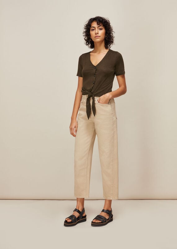 Khaki Linen Button Front Tie Top