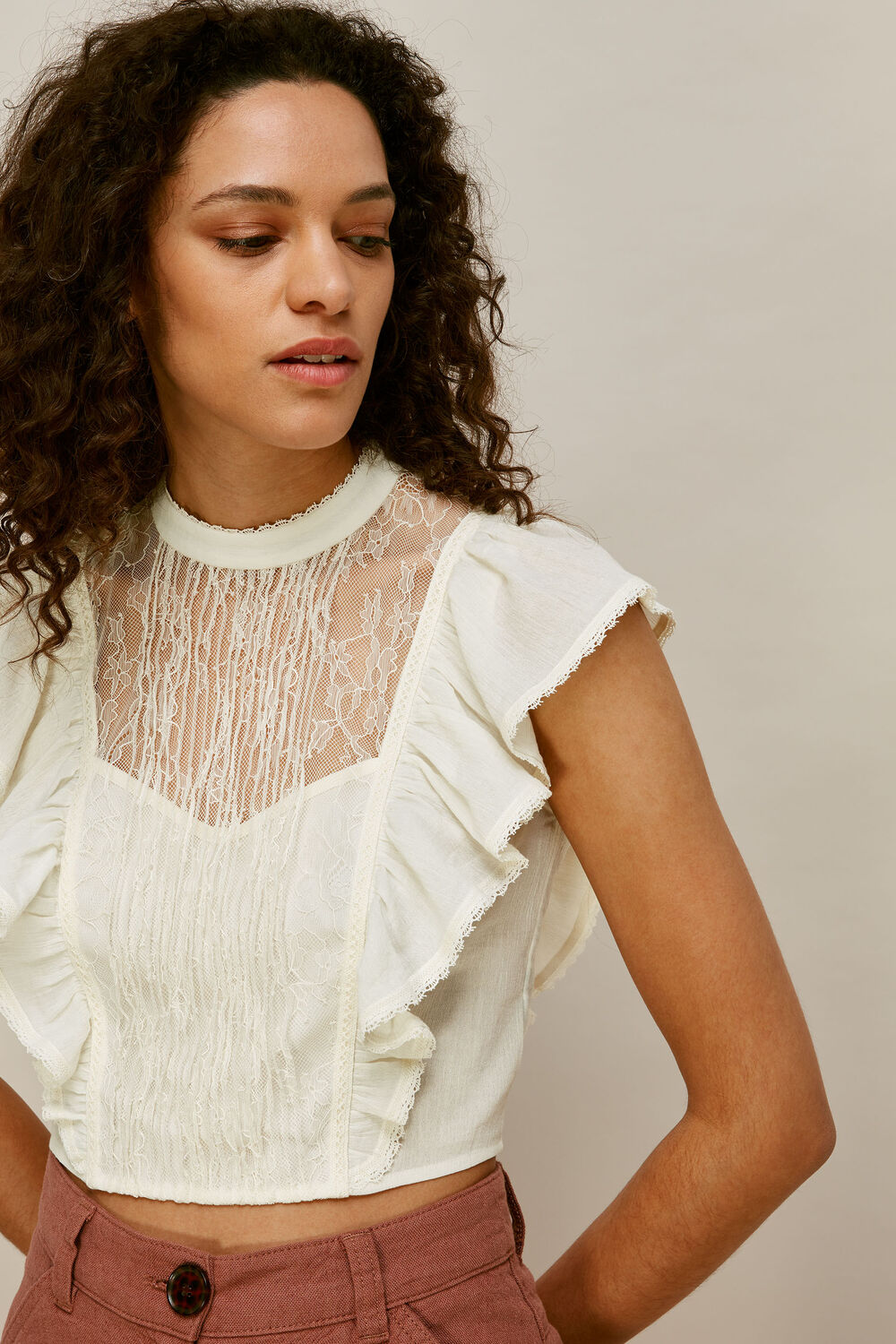 Mixed Lace Frill Top Ivory