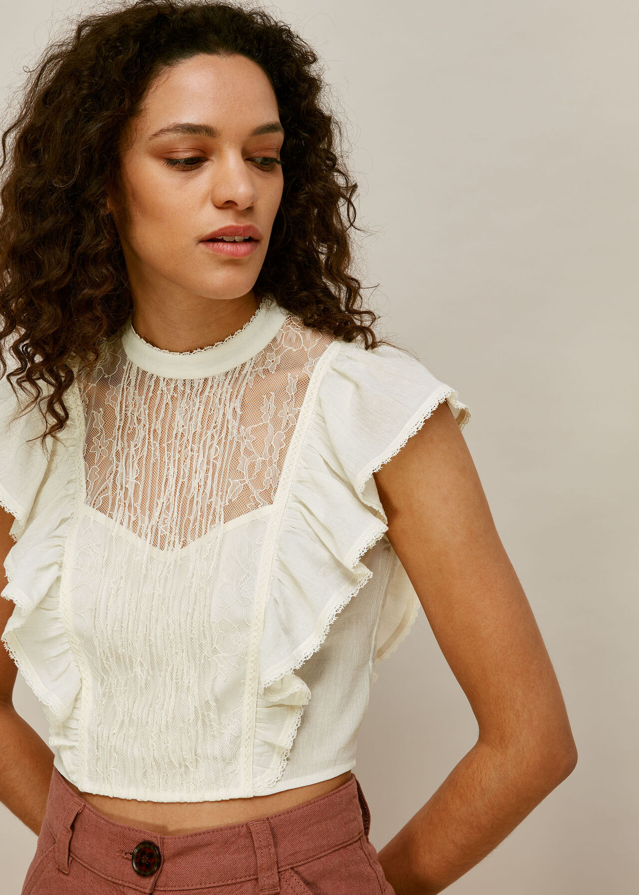 Mixed Lace Frill Top Ivory