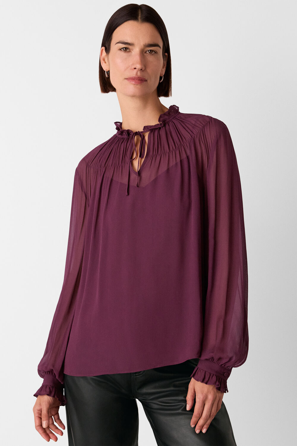 Plum Tie Neck Detail Sheer Blouse