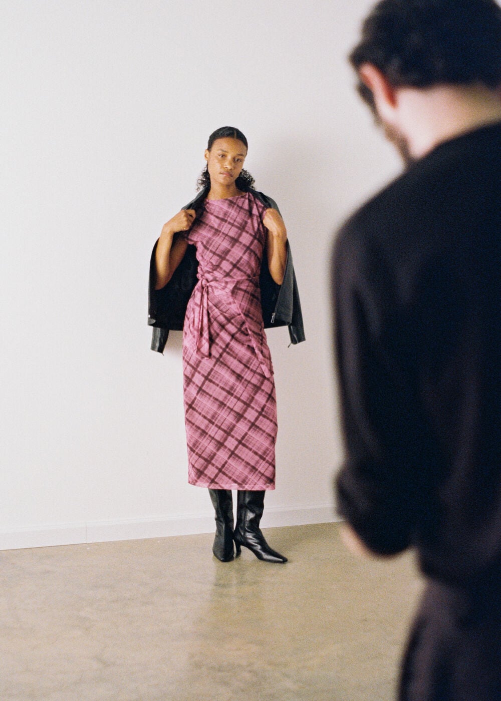 Check Mesh Midi Dress
