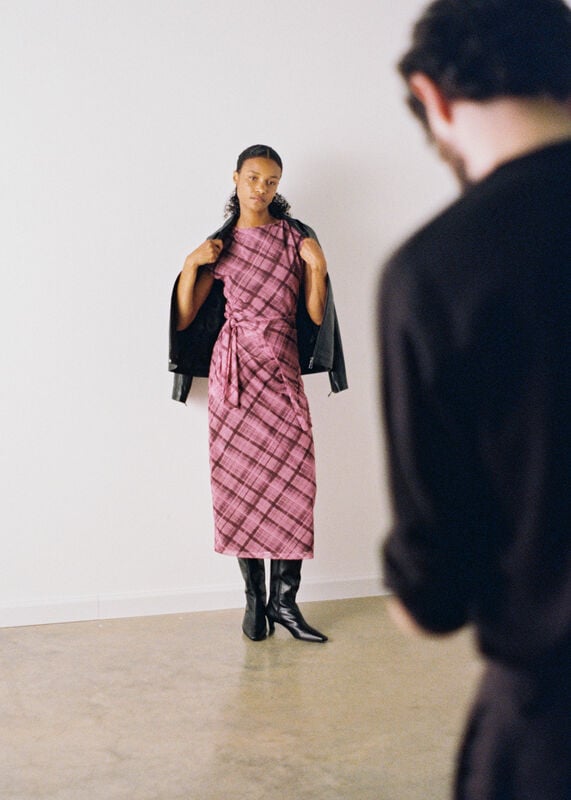 Pink Check Mesh Midi Dress