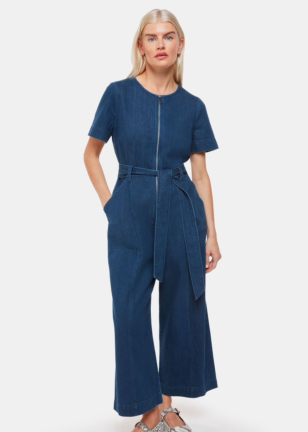 Petite Short Sleeve Denim Jumpsuit