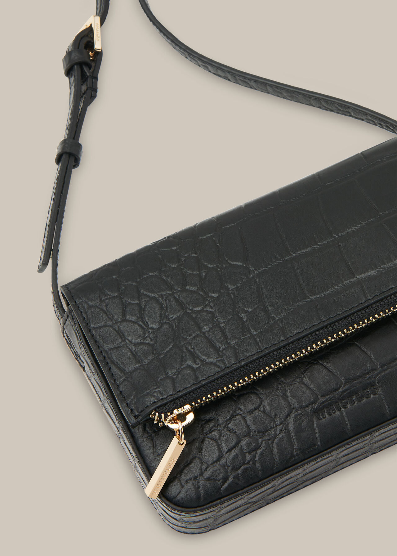 Black Luca Croc Foldover Bag | WHISTLES