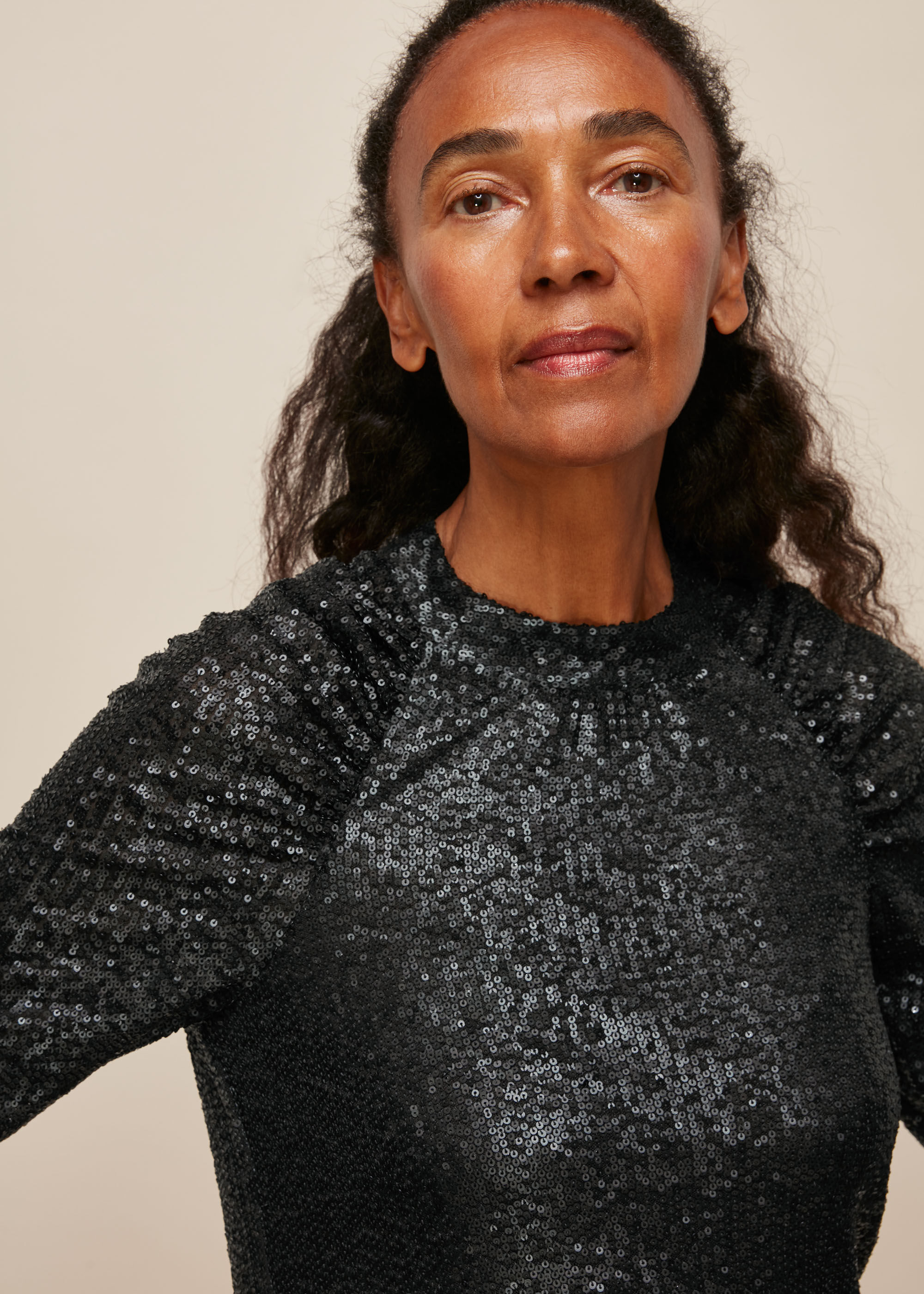 Black Sequin Long Sleeve Top | WHISTLES | Whistles US |