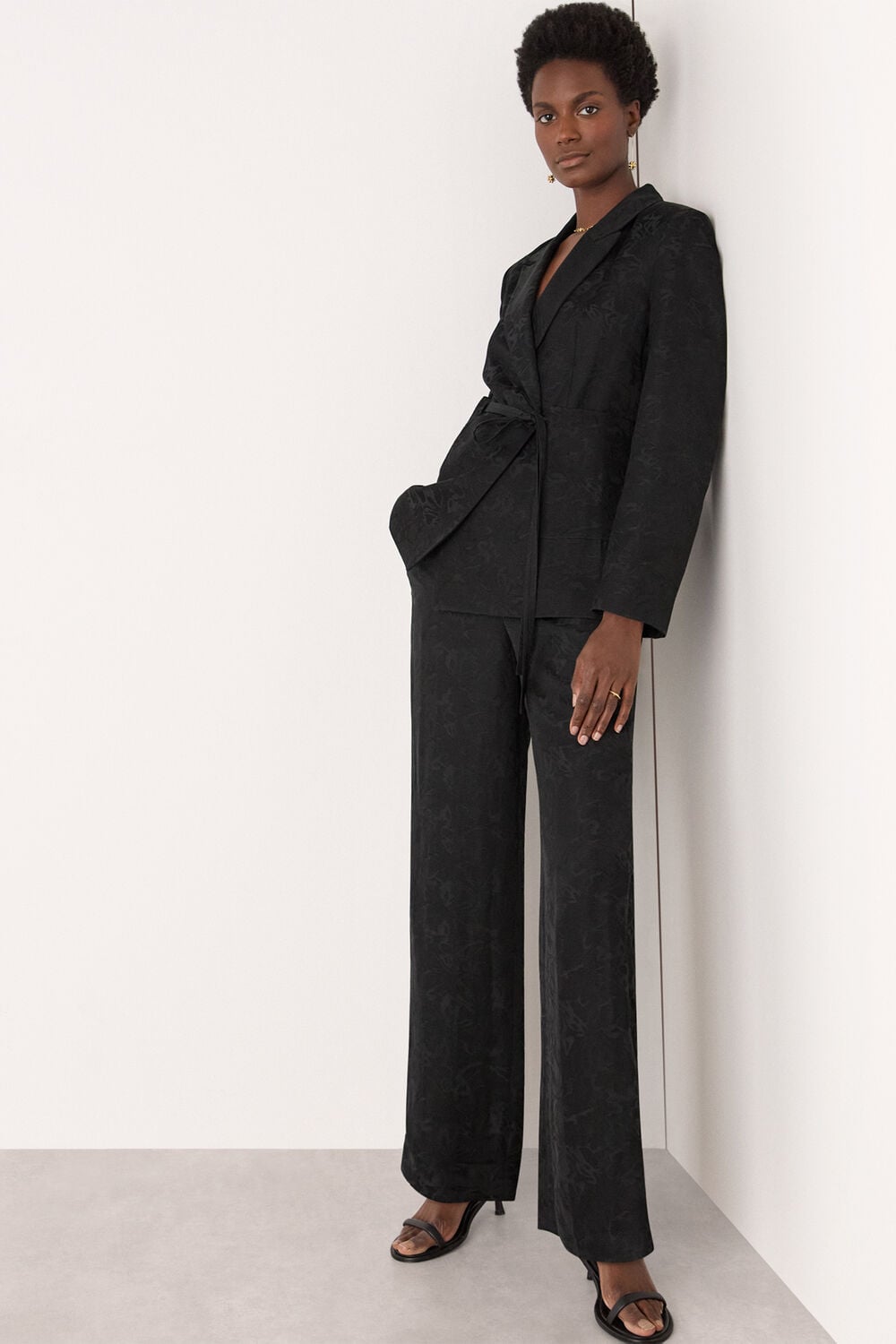 Black Jacquard Tie Waist Blazer