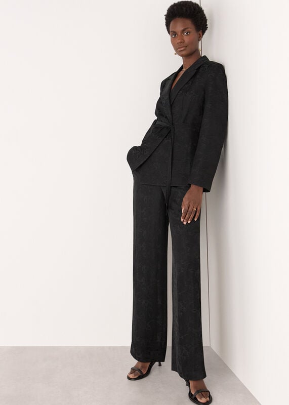 Black Jacquard Tie Waist Blazer