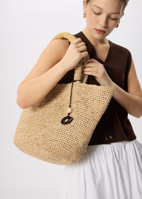 Neutral Straw Tote Bag With Charm