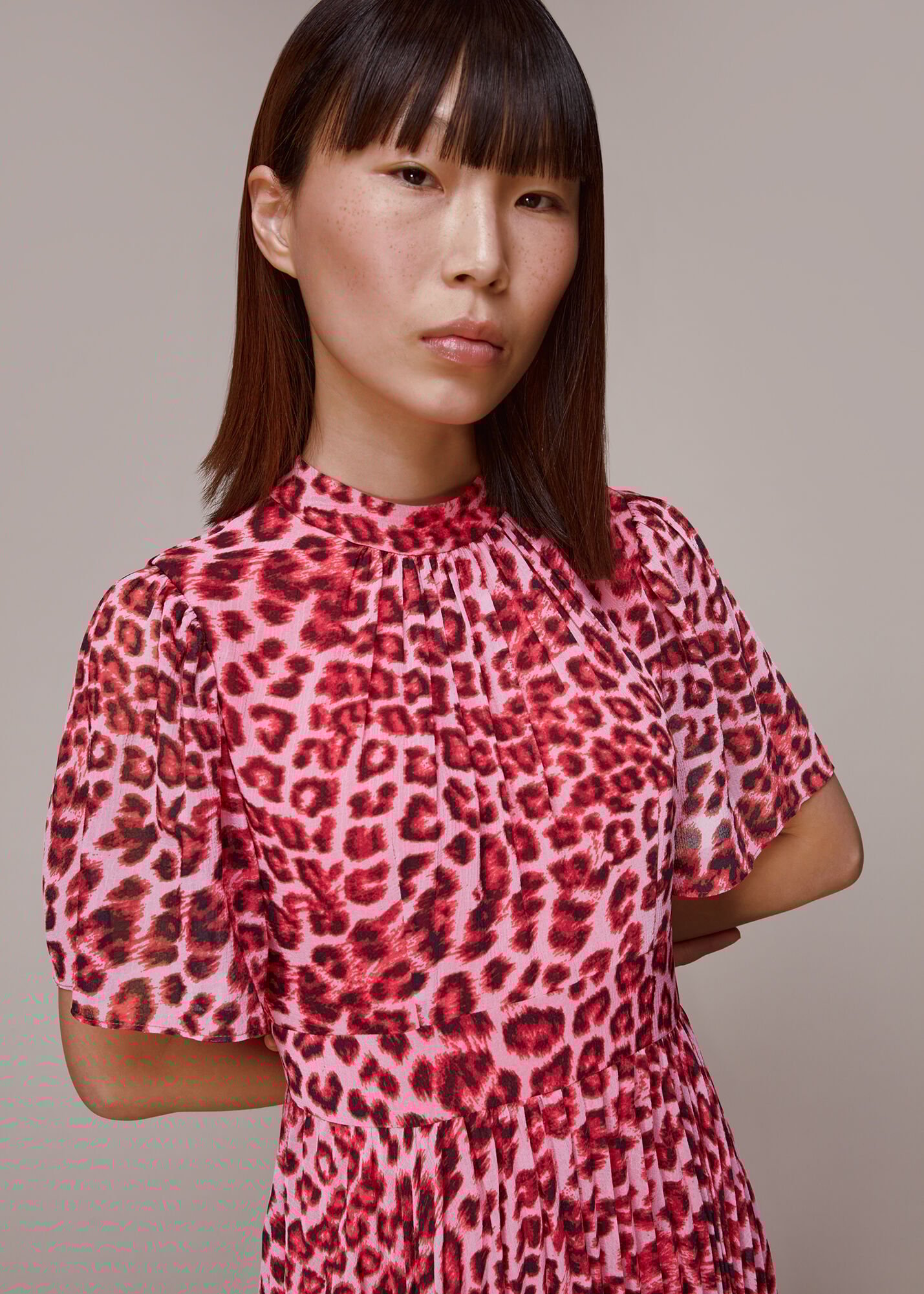 Dark pink leopard print pleated skirt midi dress online