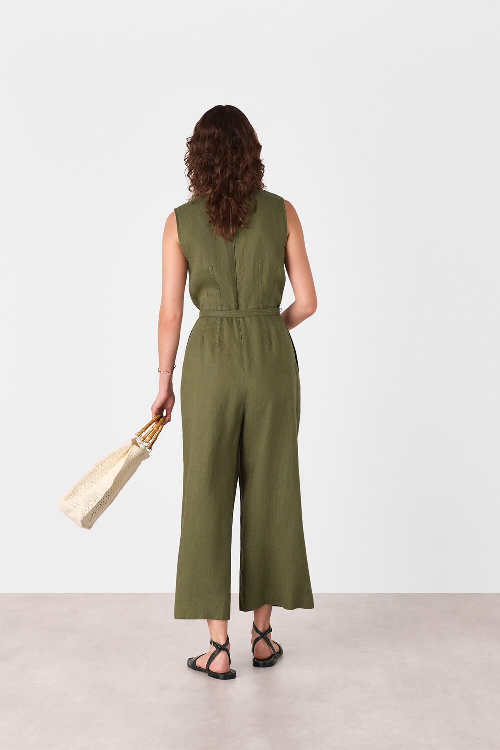 Khaki Belted Seamed Linen Jumpsuit