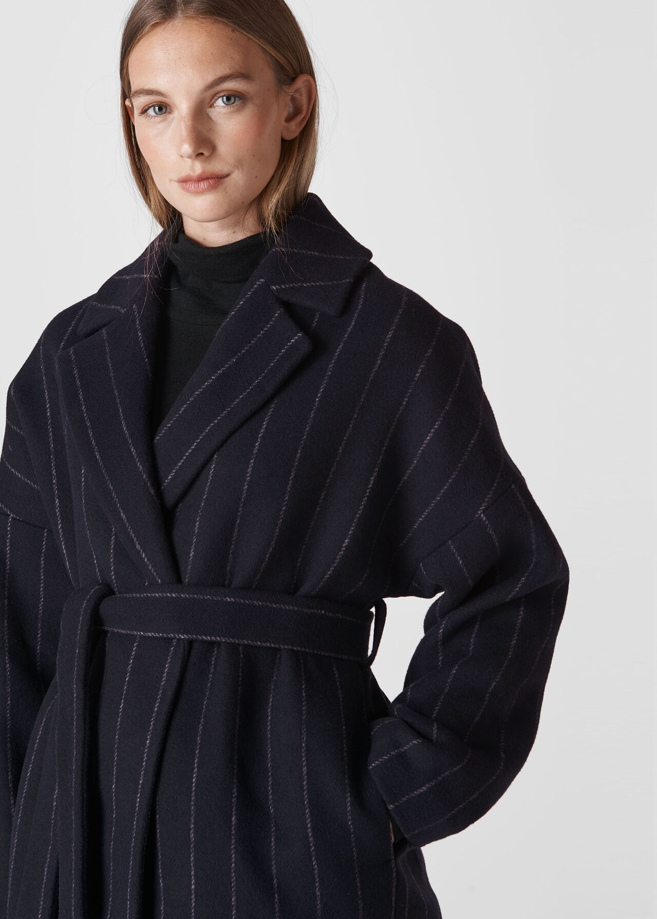 Stripe Belted Short Wrap Coat