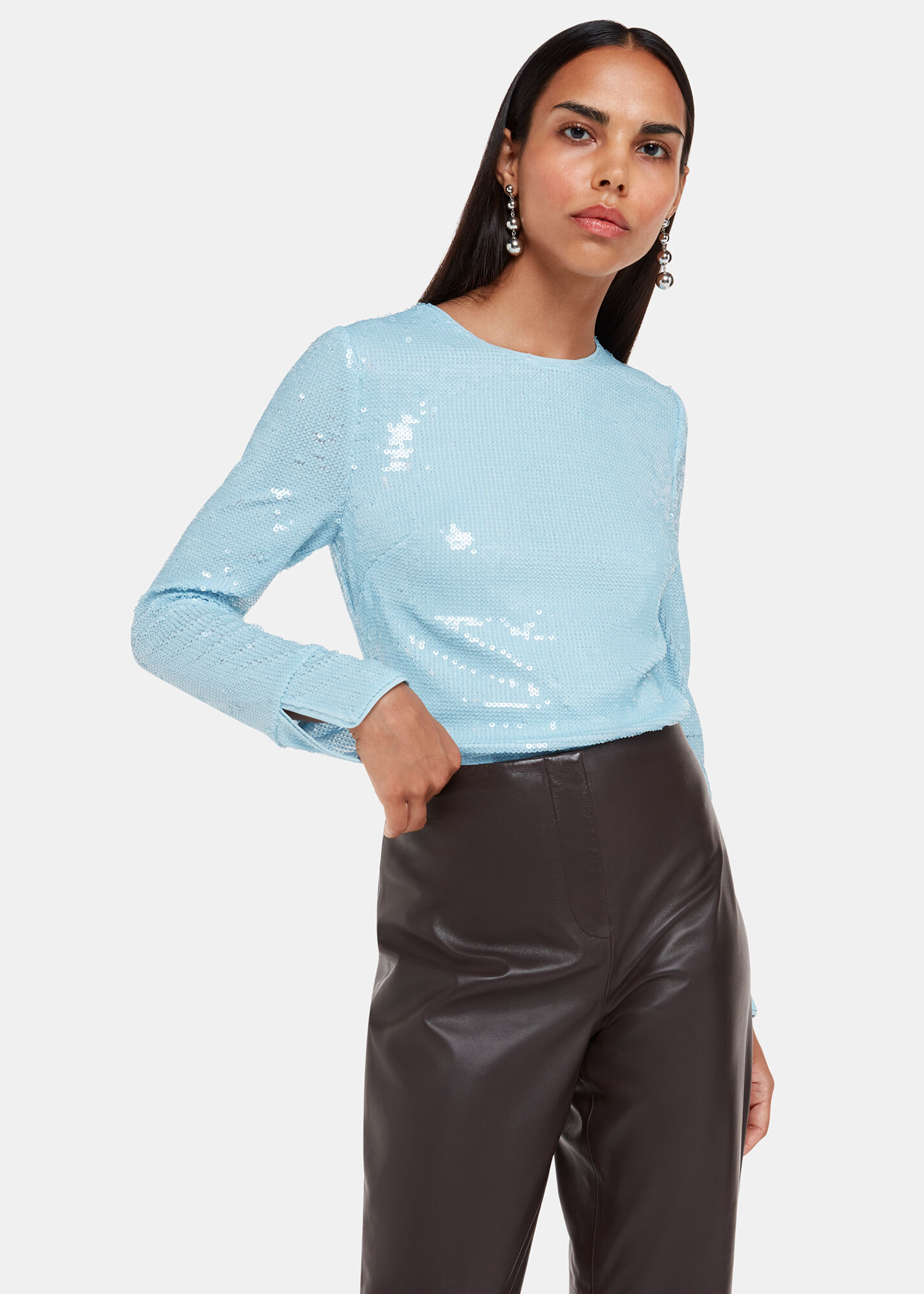 Pale Blue Long Sleeve Sequin Tunic Top With High Round Neck