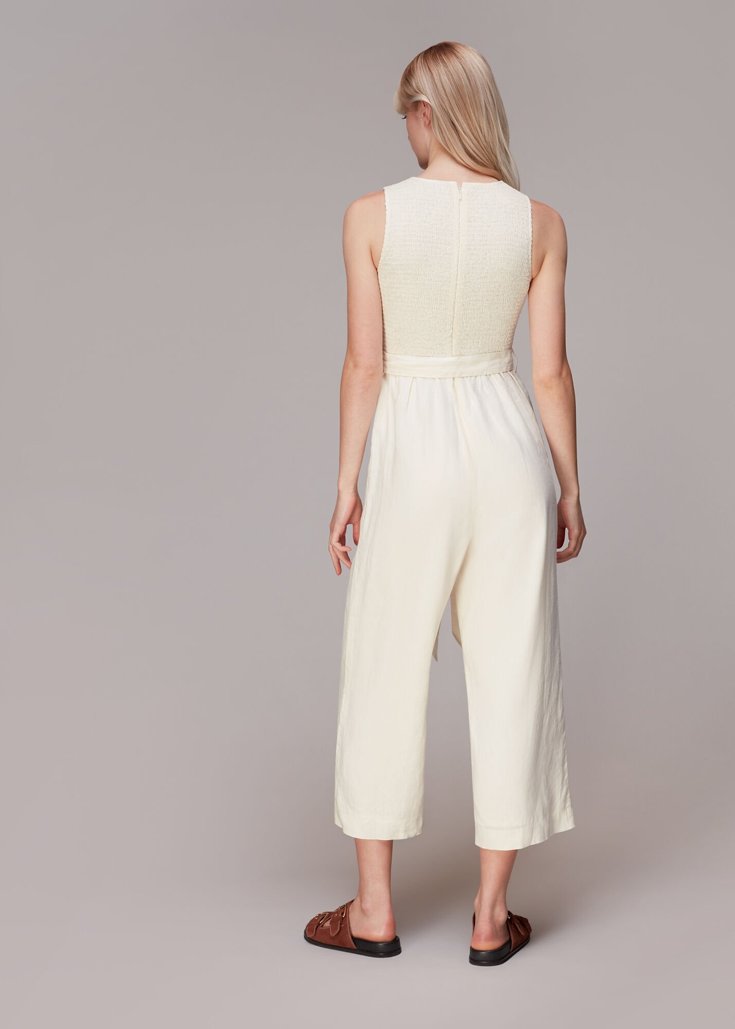 Ivory Shirred Linen Jumpsuit WHISTLES Whistles UK