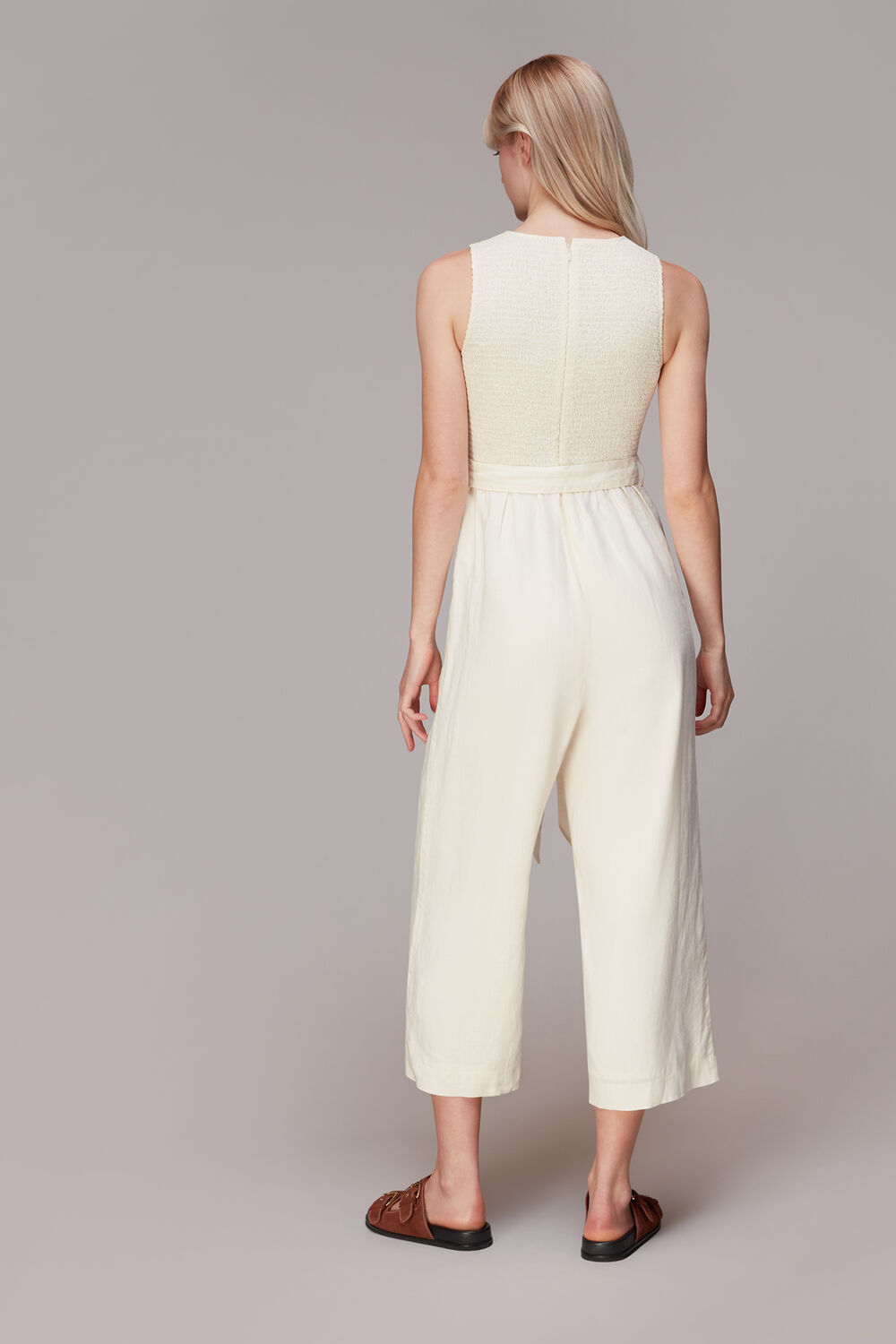 Ivory Shirred Linen Jumpsuit