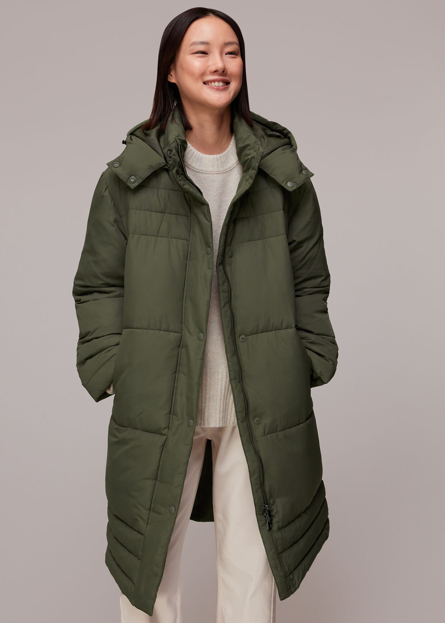 Khaki Green Longline Puffer Coat with a Removable Hood Whistles