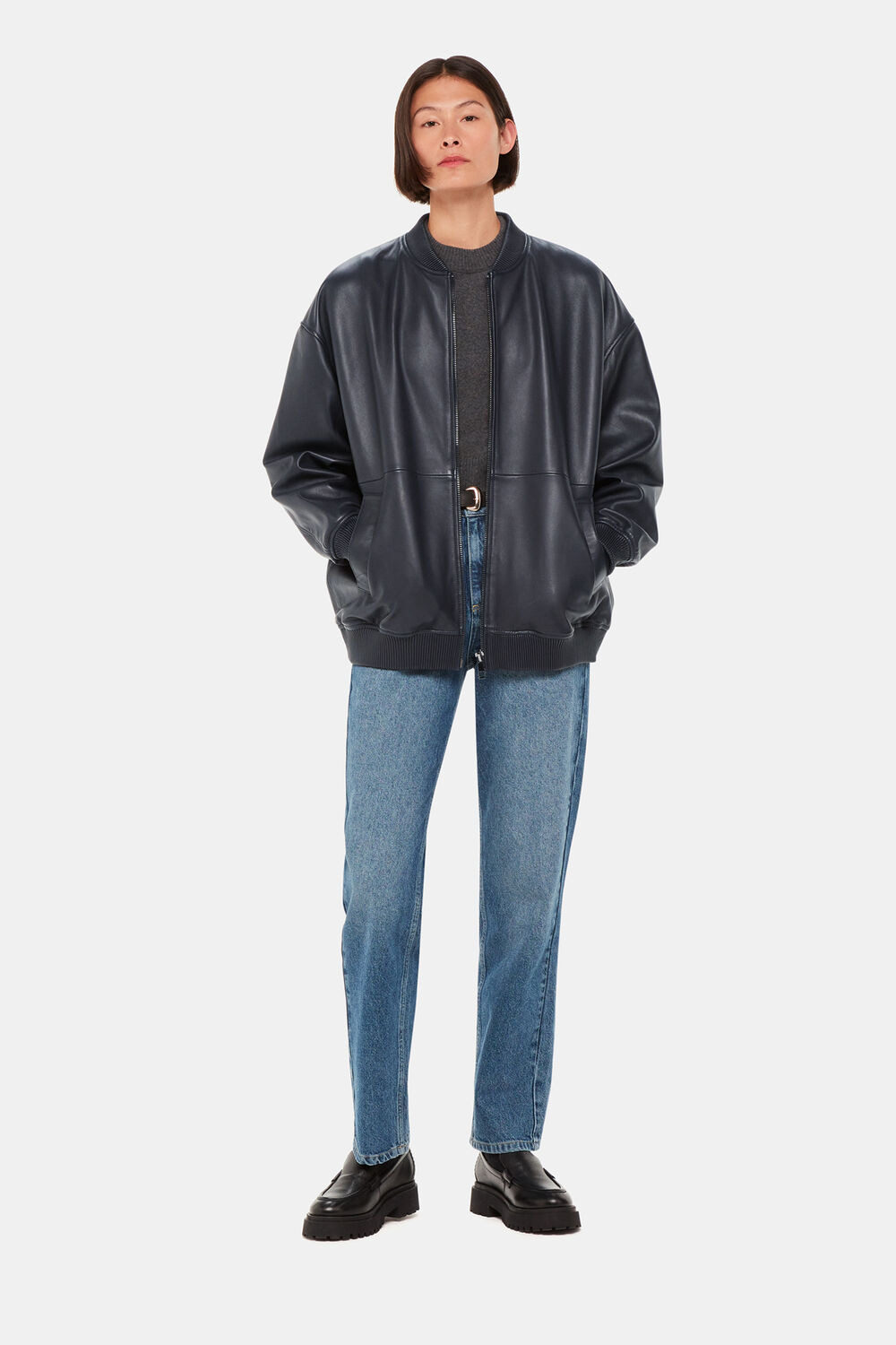 Navy Erin Leather Bomber