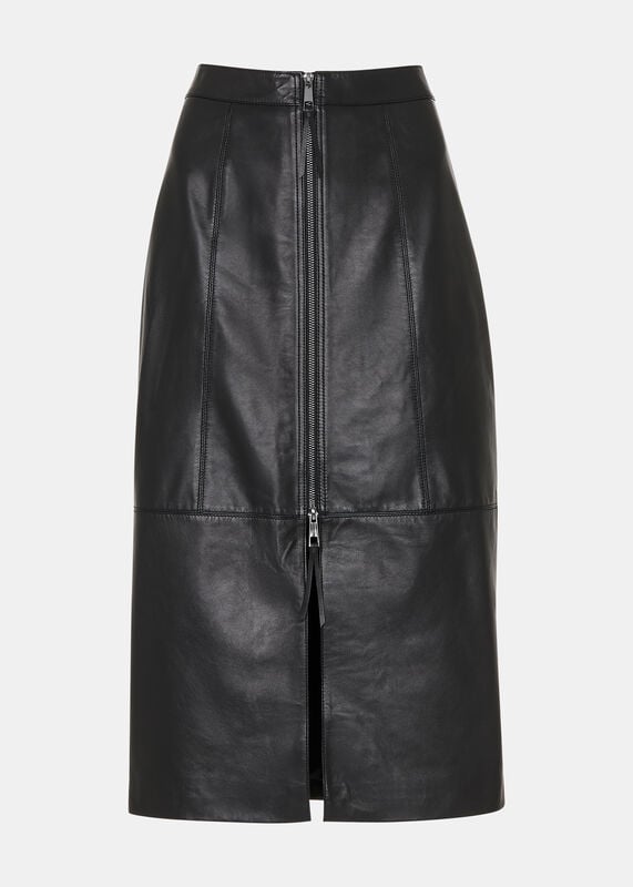 Black Zip Front Leather Pencil Skirt