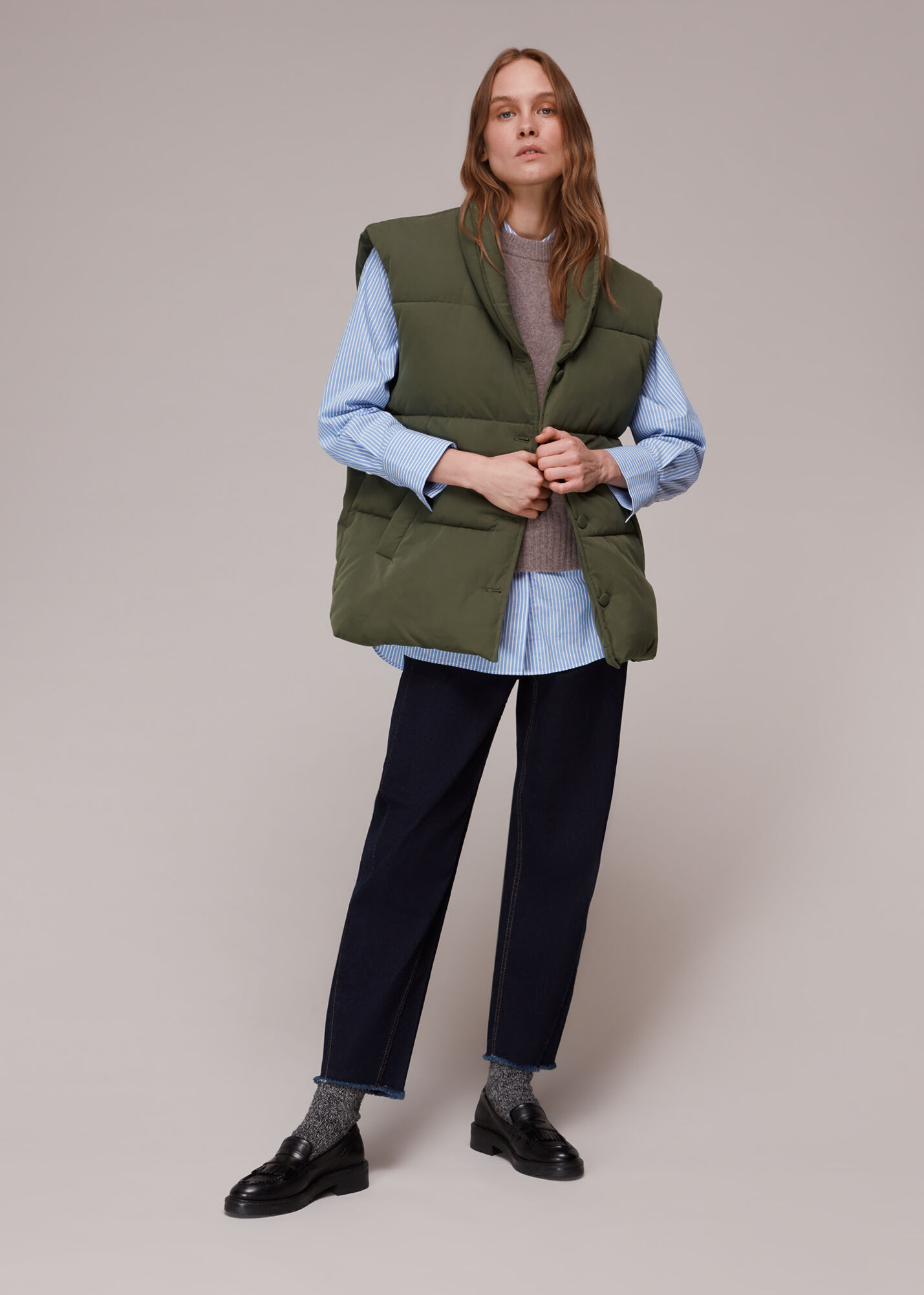 Khaki Lauren Drop Shoulder Gilet | WHISTLES | Whistles US |