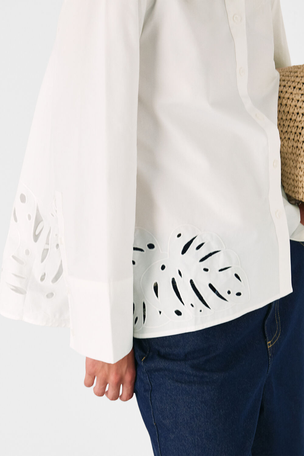 White Leaf Embroidered Cotton Shirt