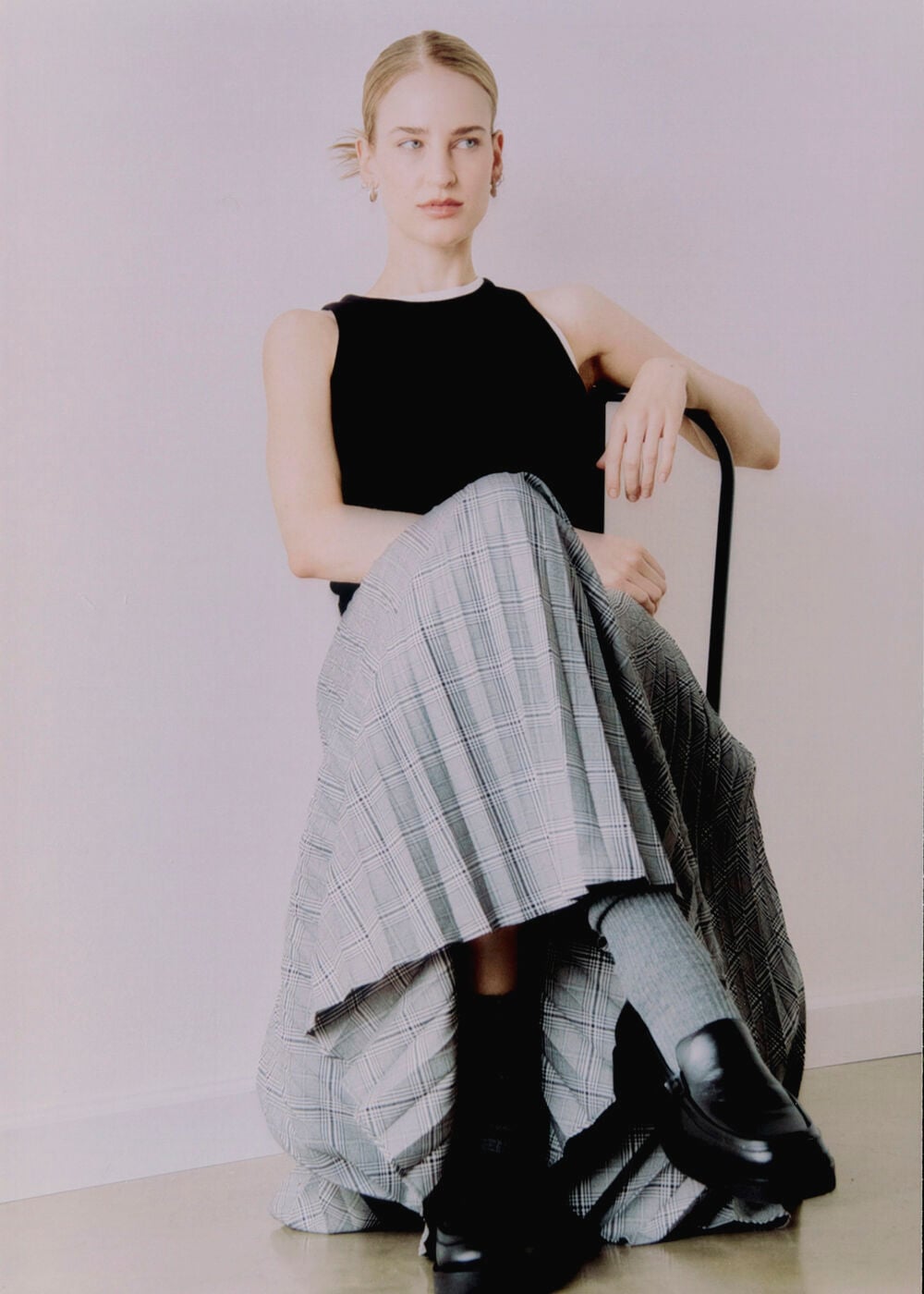 Grey Petite Check Pleated Midi Skirt