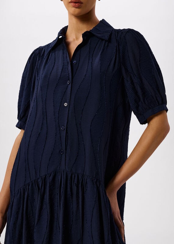 Navy Textured Drop Waist Midi Dress