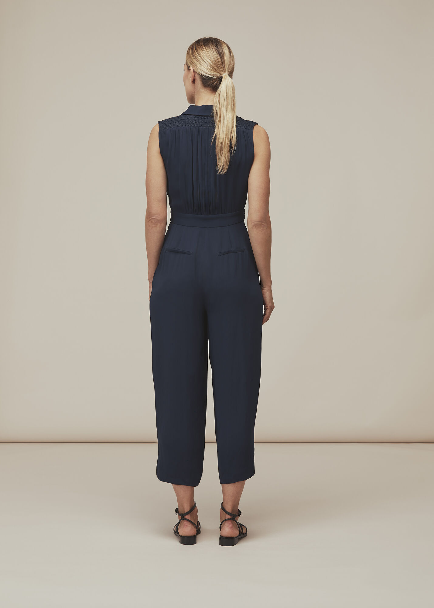 Navy Smocked Detail Zora Jumpsuit WHISTLES Whistles US