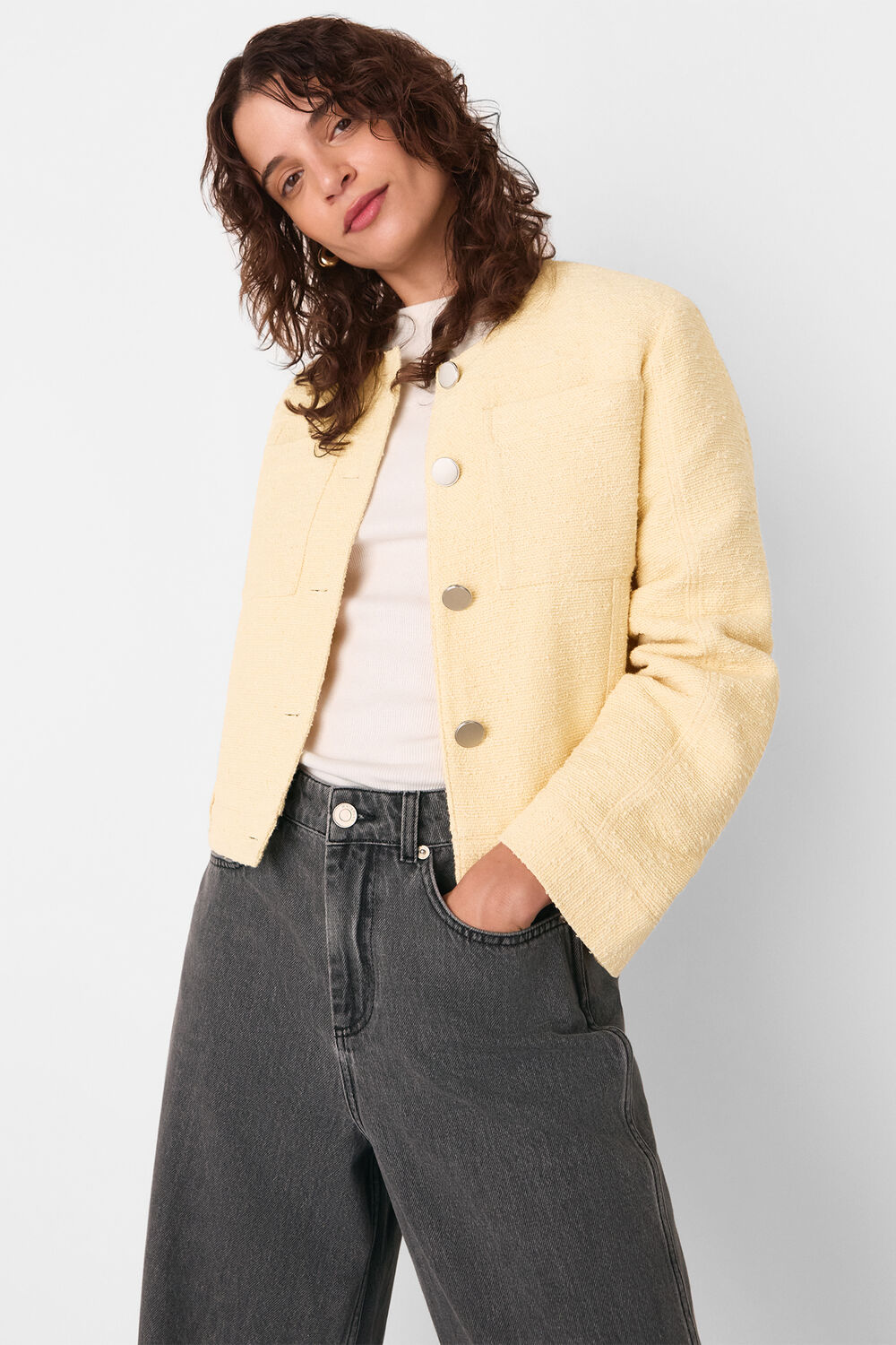 Yellow Textured Collarless Jacket