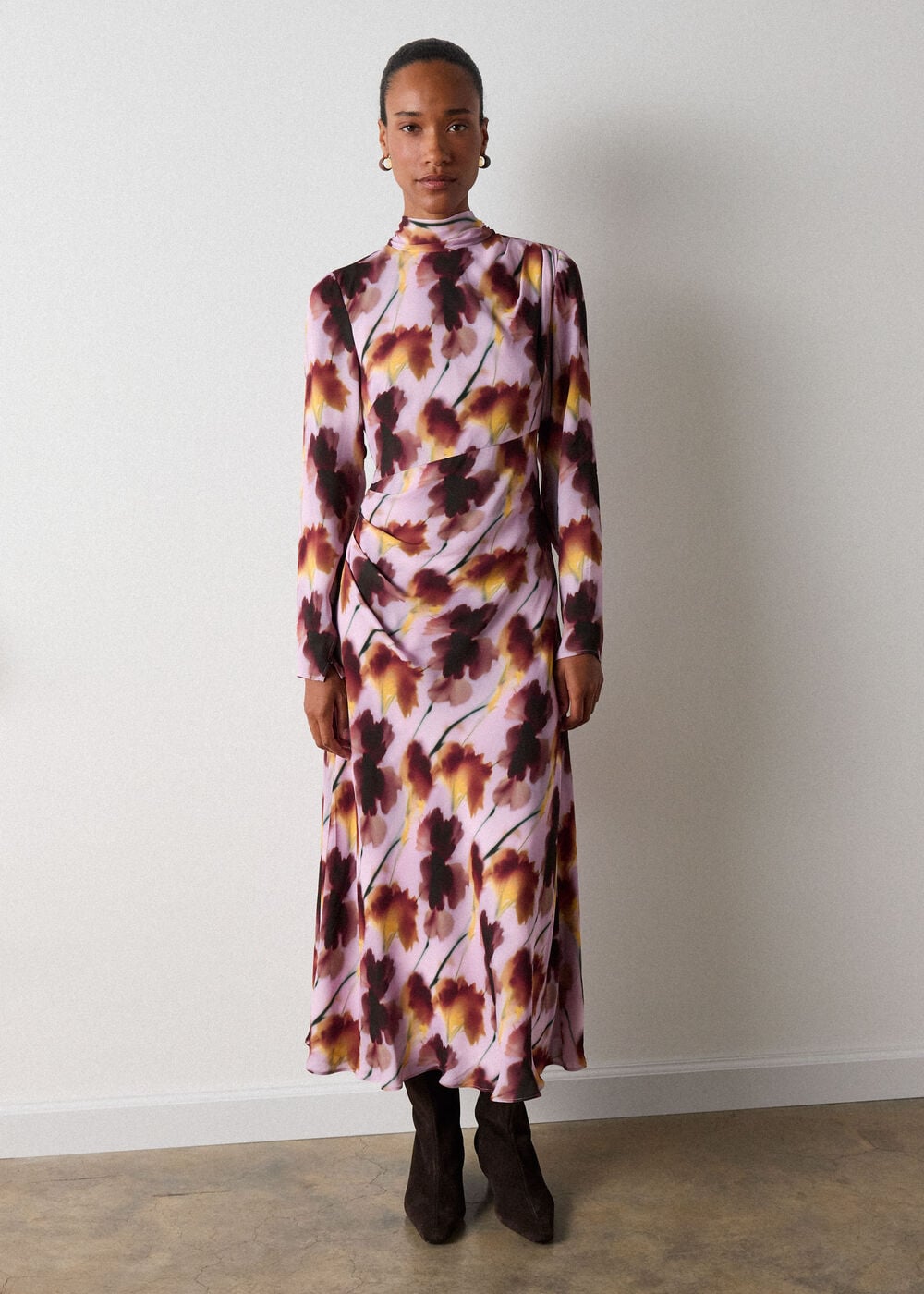 Pink Floral Stem Midi Scarf Dress