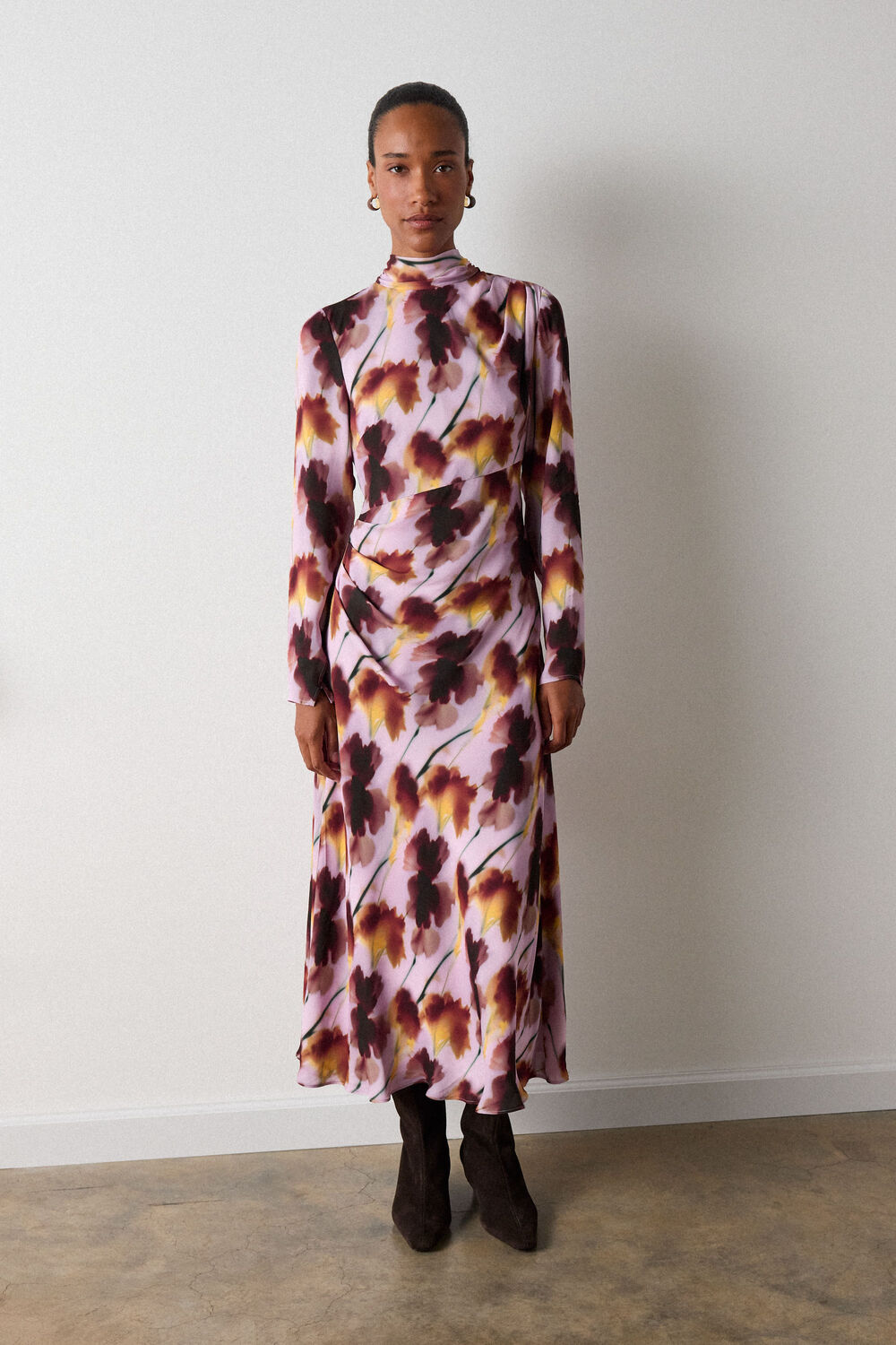 Pink Floral Stem Midi Scarf Dress