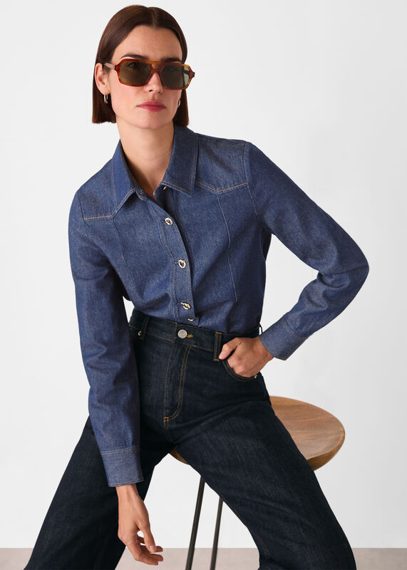 Dark Denim Button Detail Cotton Shirt