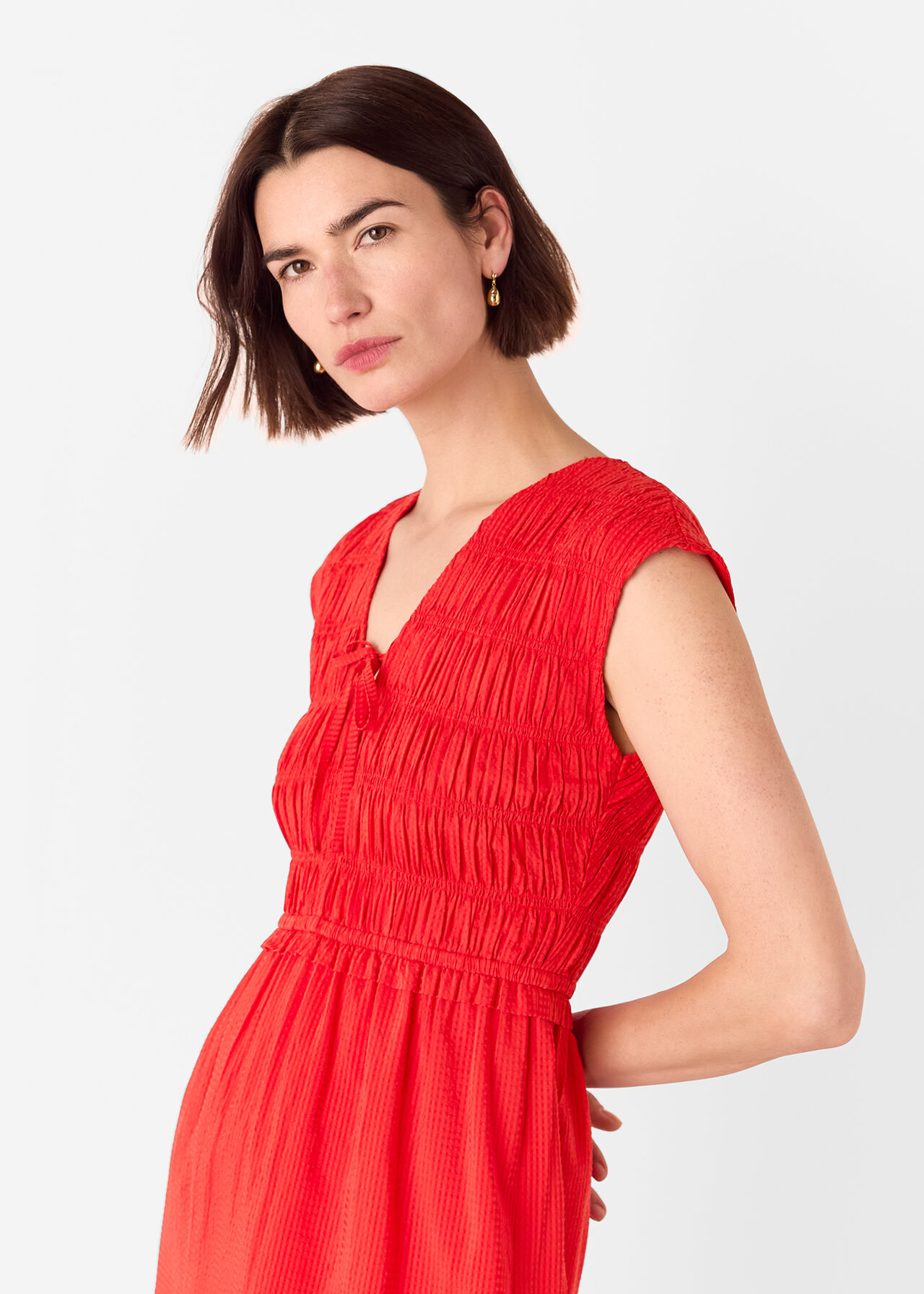 Shirred Bodice V Neck Dress