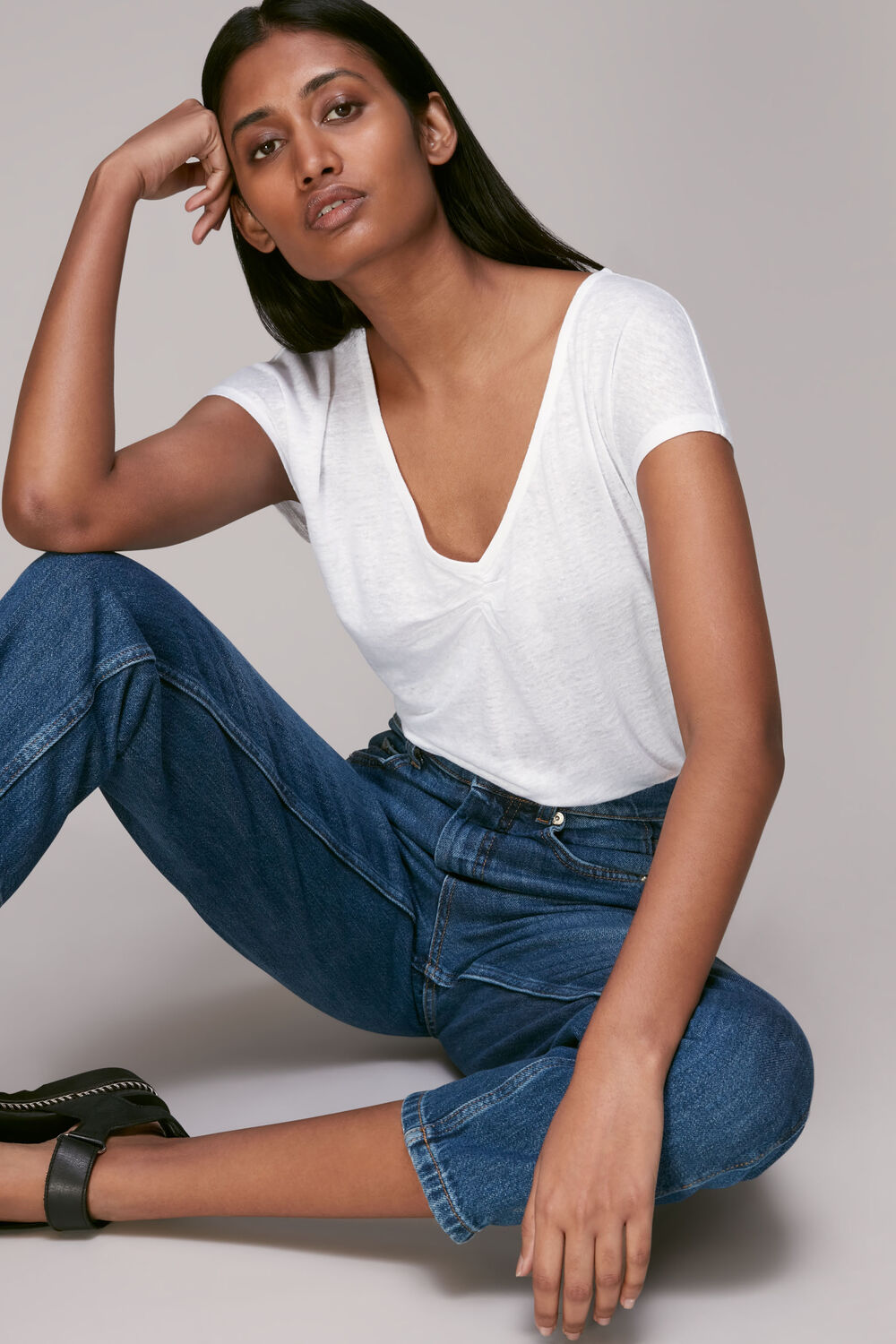 Ruched V-Neck Linen T-Shirt