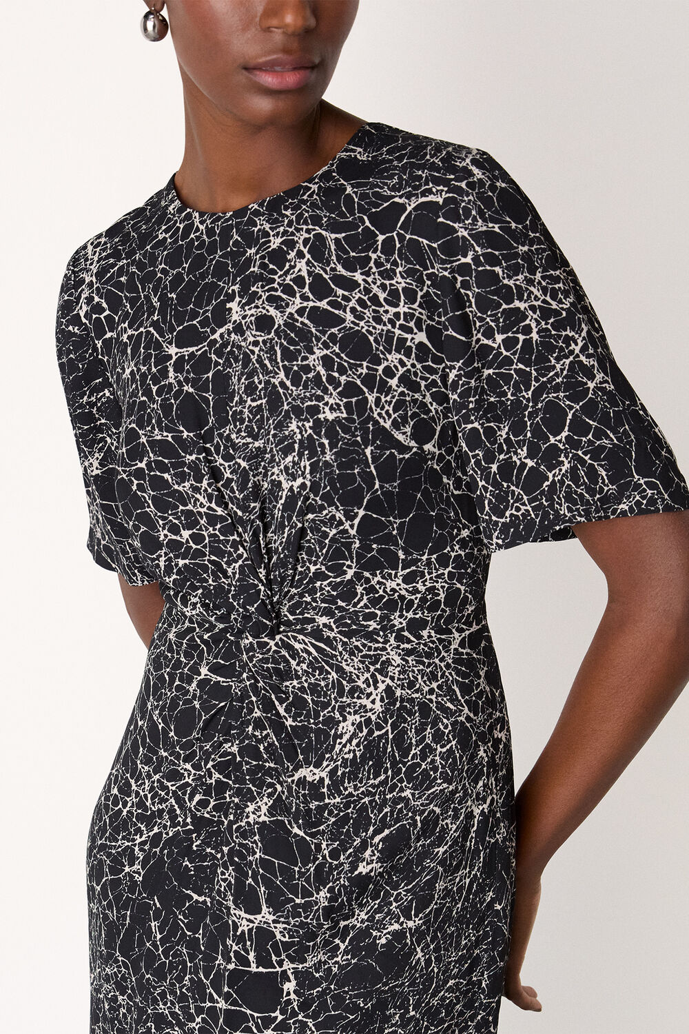 Navy Crackle Print Twist Midi Dress