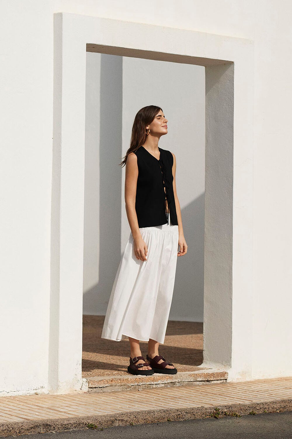 White Cotton Waisted Midi Skirt
