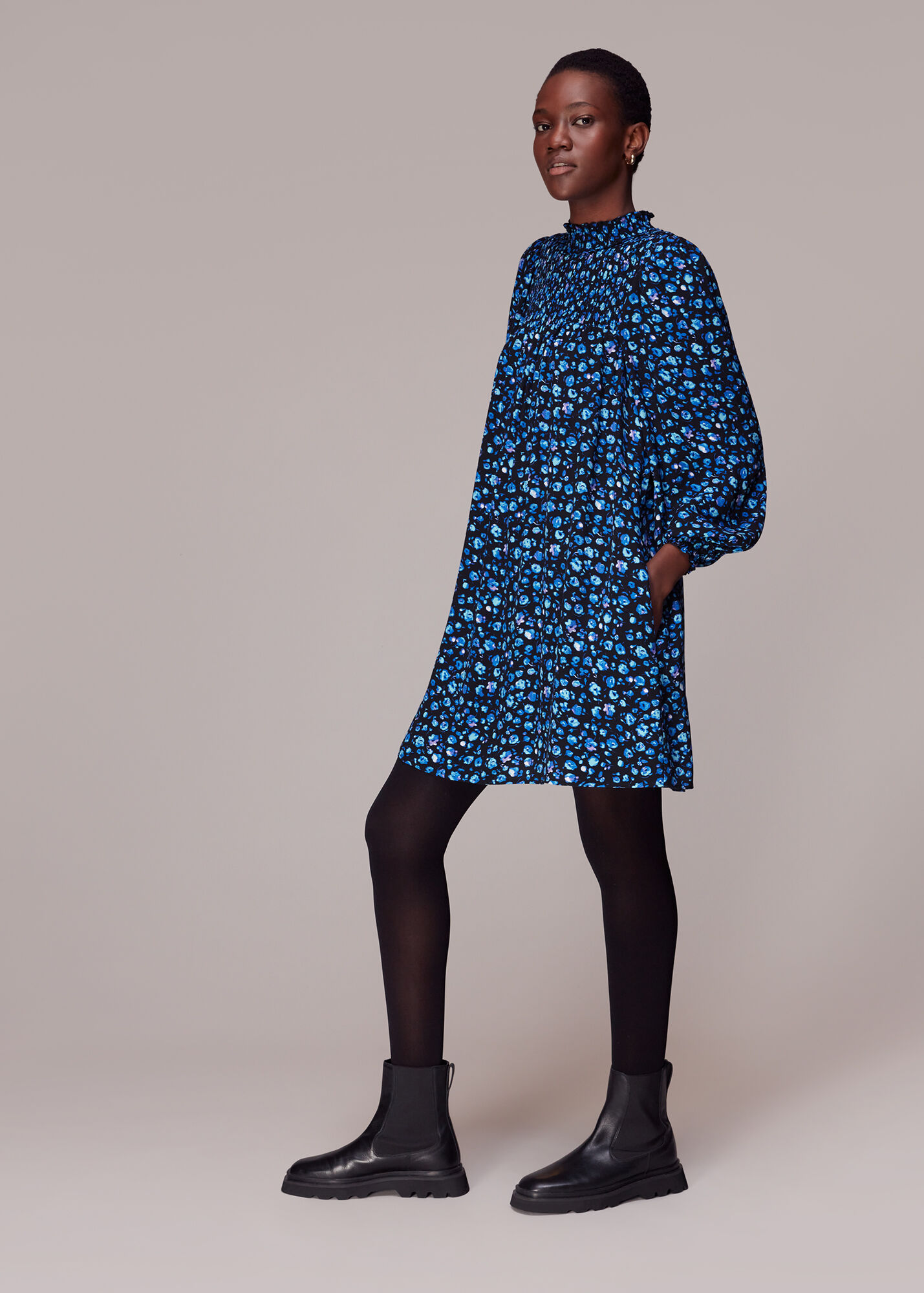 Blue/Multi Blurred Floral Trapeze Dress WHISTLES Whistles ROW