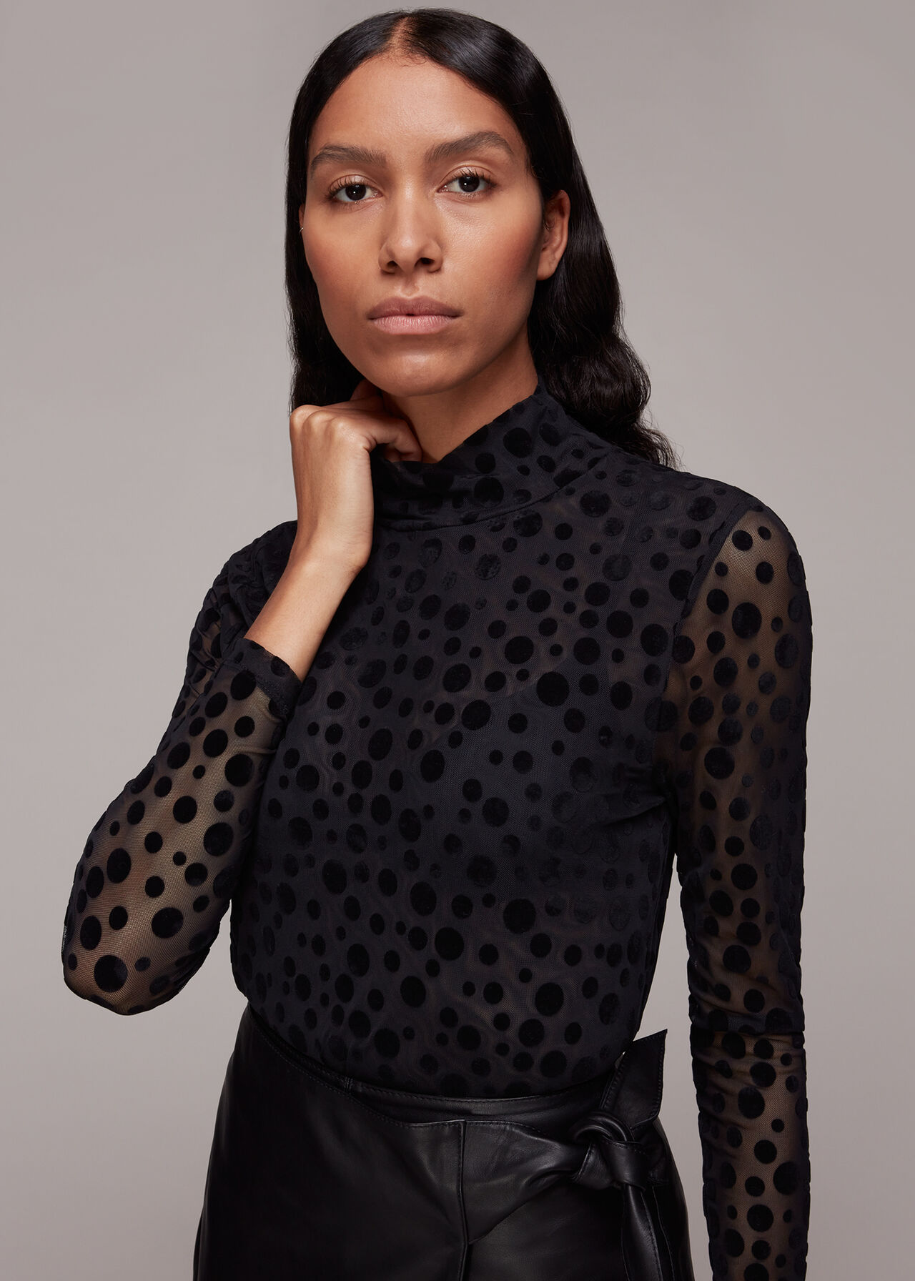 Black Mesh Mixed Spot Top, WHISTLES