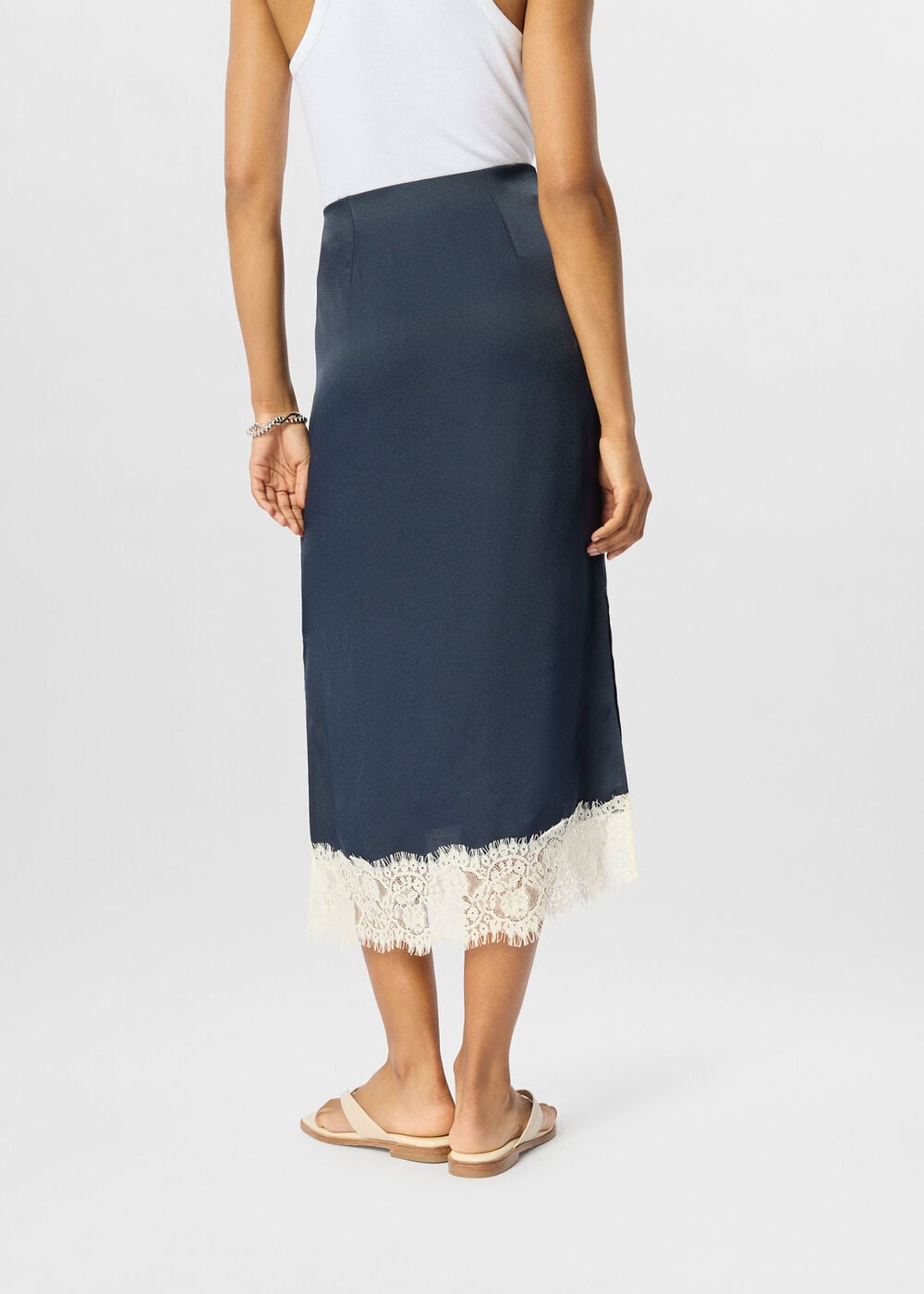 Lace Hem Satin Midi Skirt