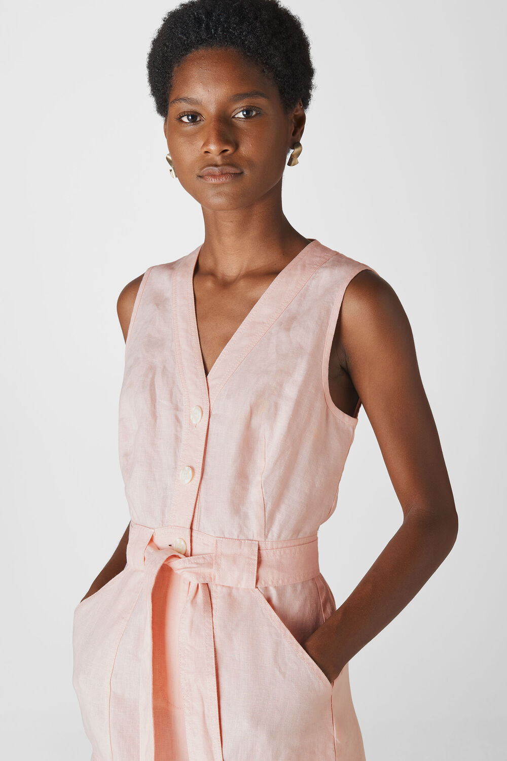 Linen Button Detail Playsuit Pale Pink