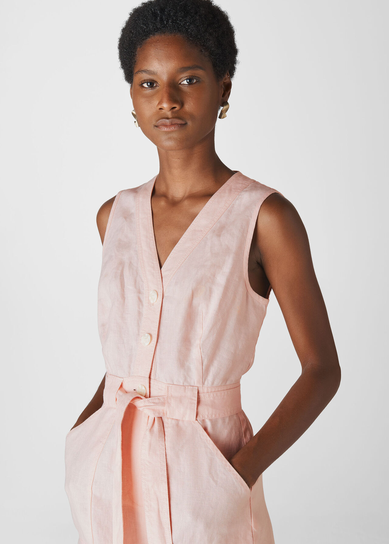 Linen Button Detail Playsuit Pale Pink