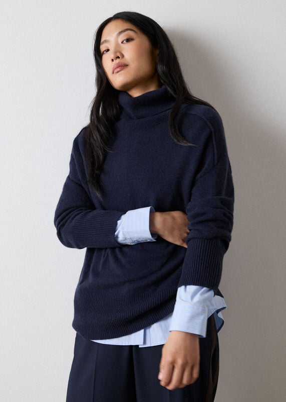 Navy Cashmere Seam Roll Neck Knit
