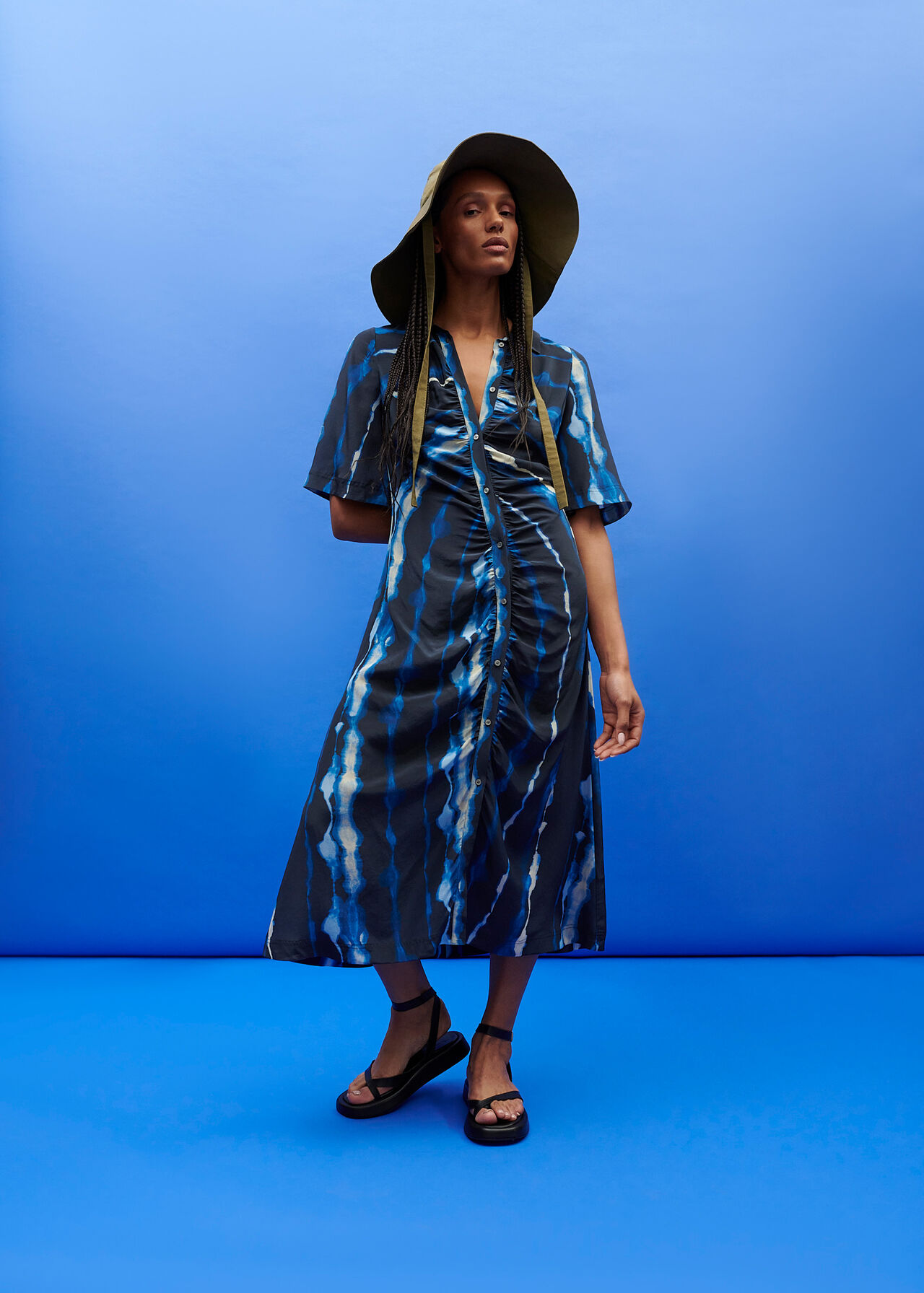 SHIBORI PRINT SILK MIDI DRESS