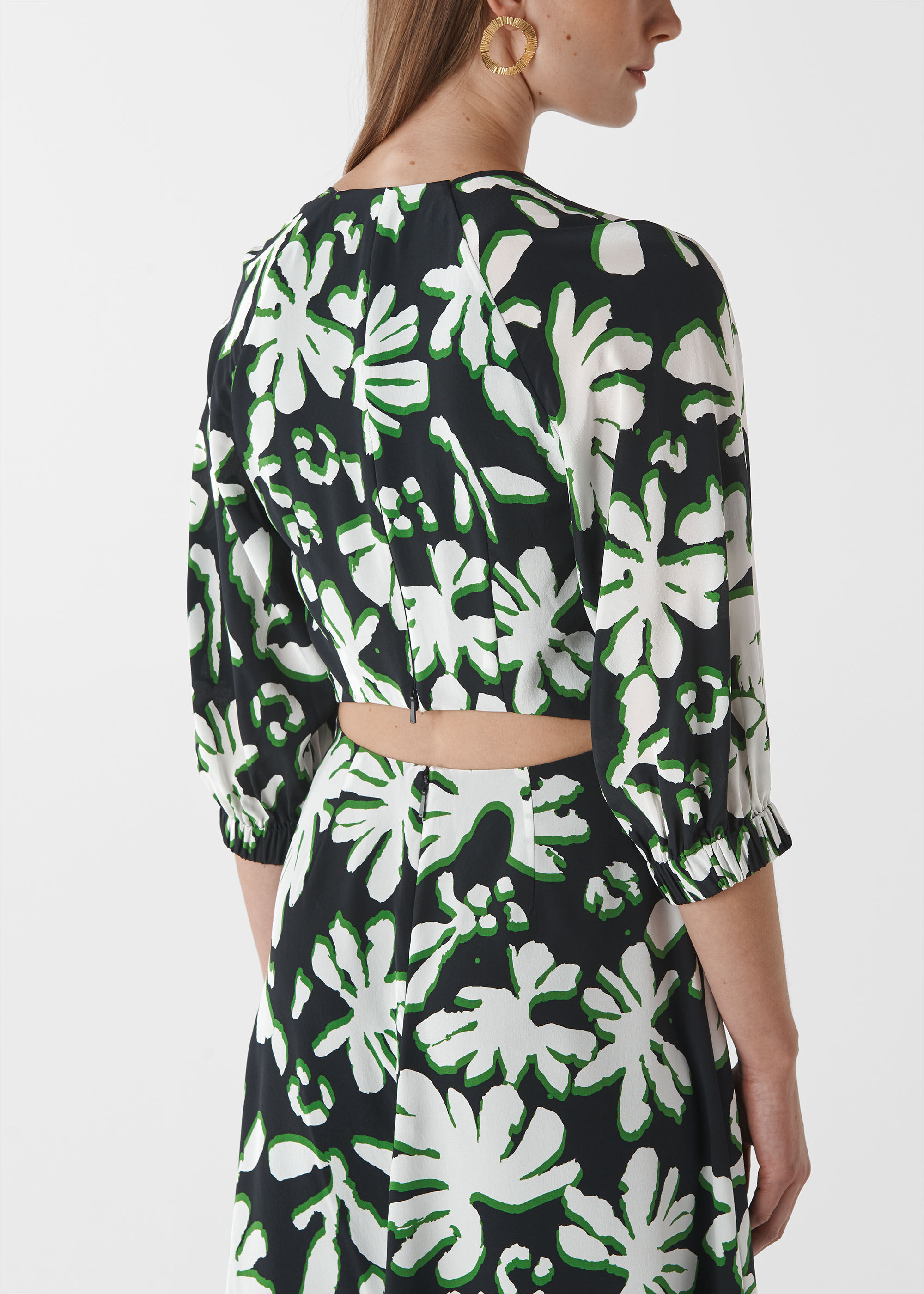 Green Palm Leaf Print Silk Dress