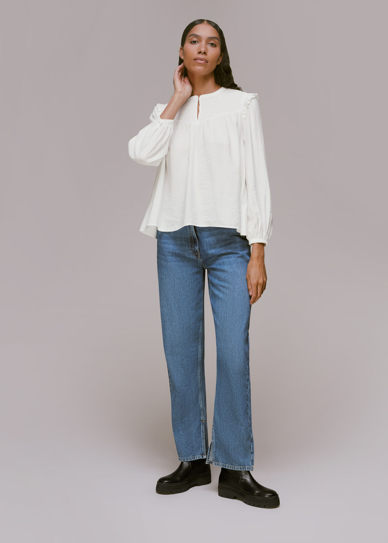 dramatic Saga Grace White Megan Shirred Detail Top | WHISTLES 