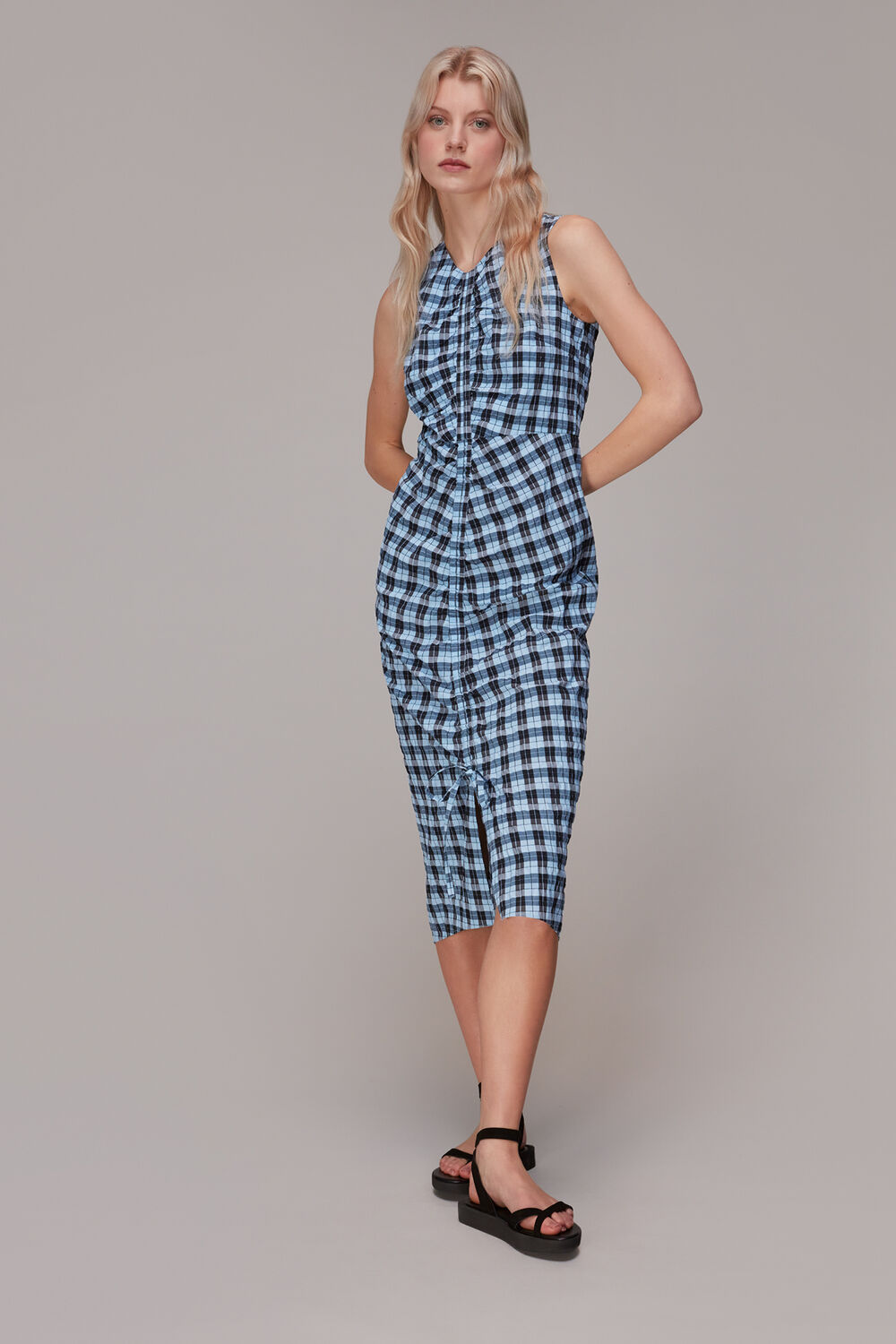 Ruched Gingham Midi Dress